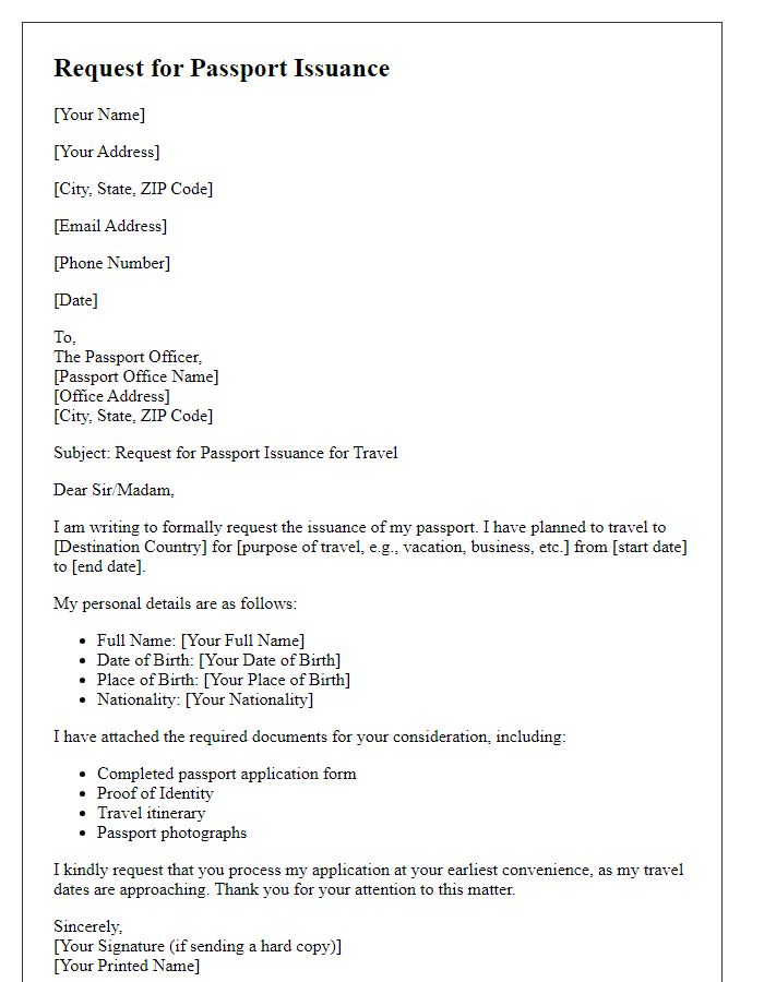 Letter template of request for passport issuance for travel