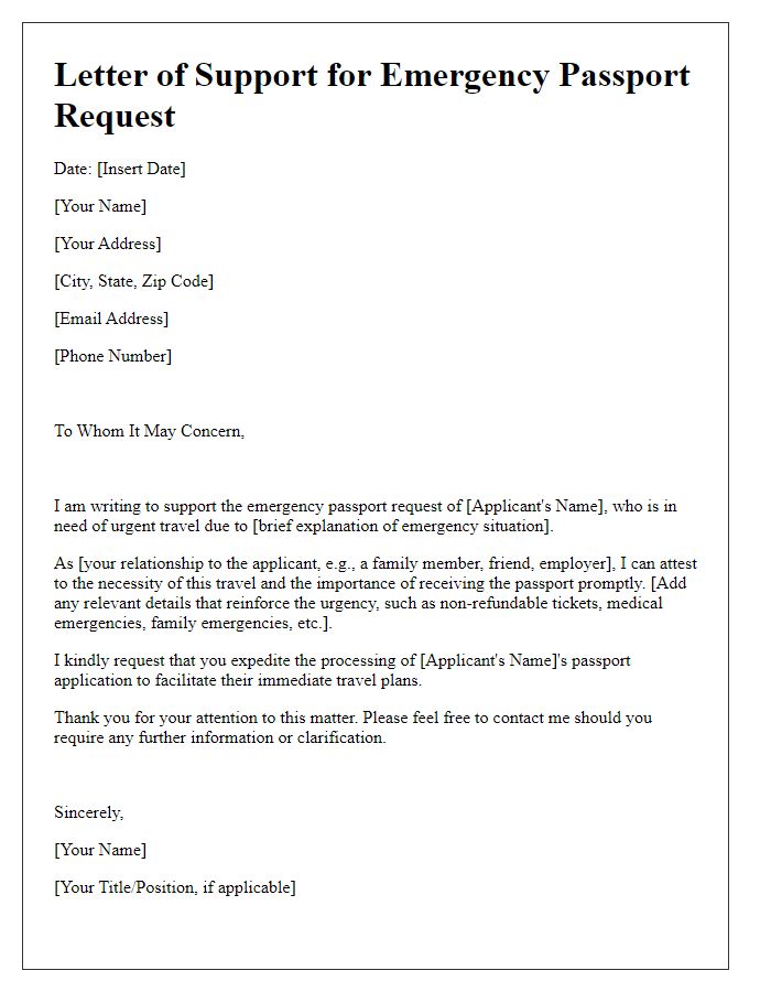 Letter template of support for emergency passport request