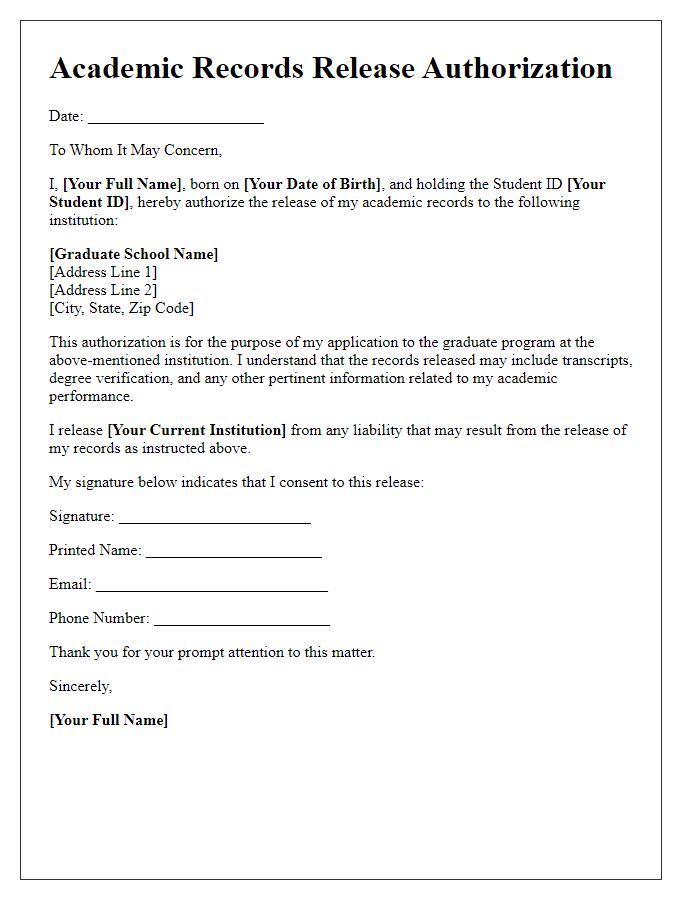 Letter template of academic records release authorization for graduate school applications.