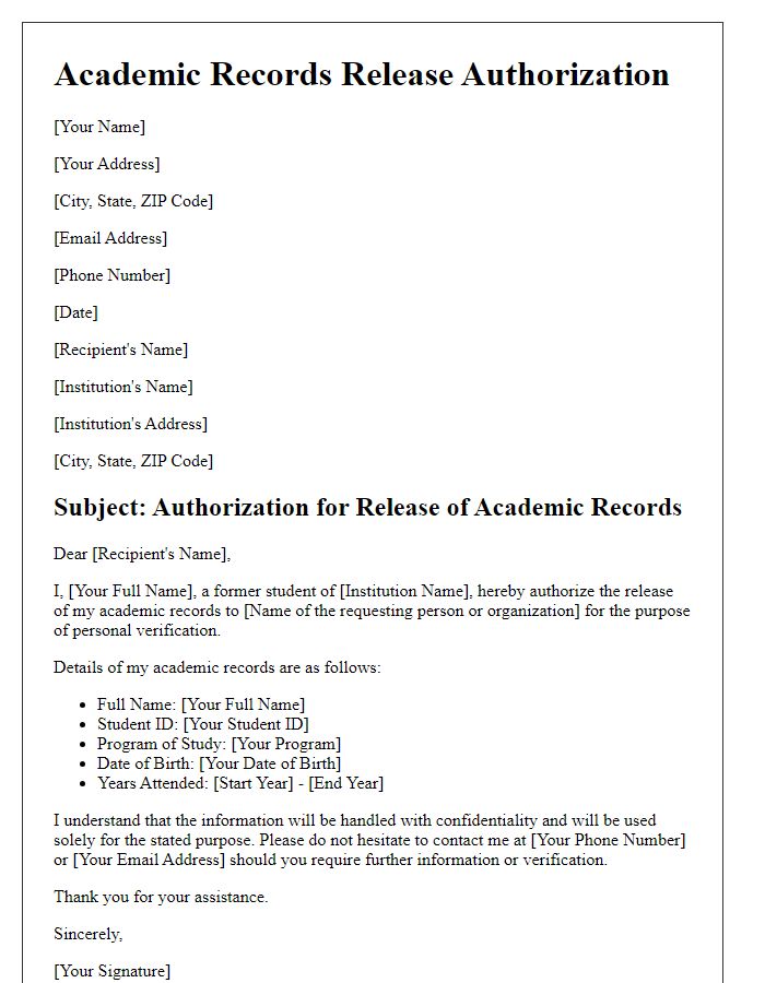 Letter template of academic records release authorization for personal verification requests.