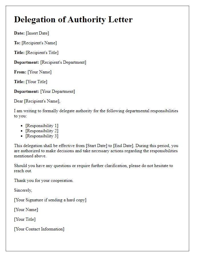 Letter template of delegation authority for departmental responsibilities.