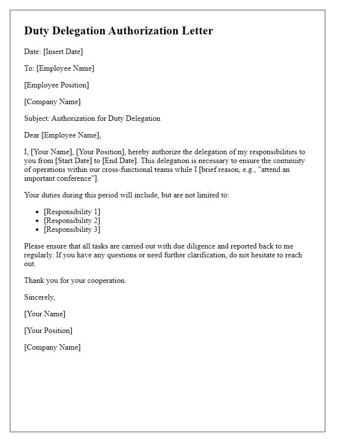 Letter template of duty delegation authorization for cross-functional teams.