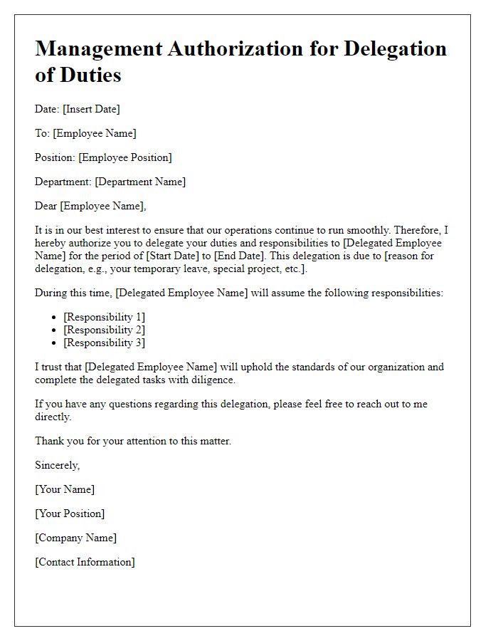 Letter template of management authorization for delegation of duties.