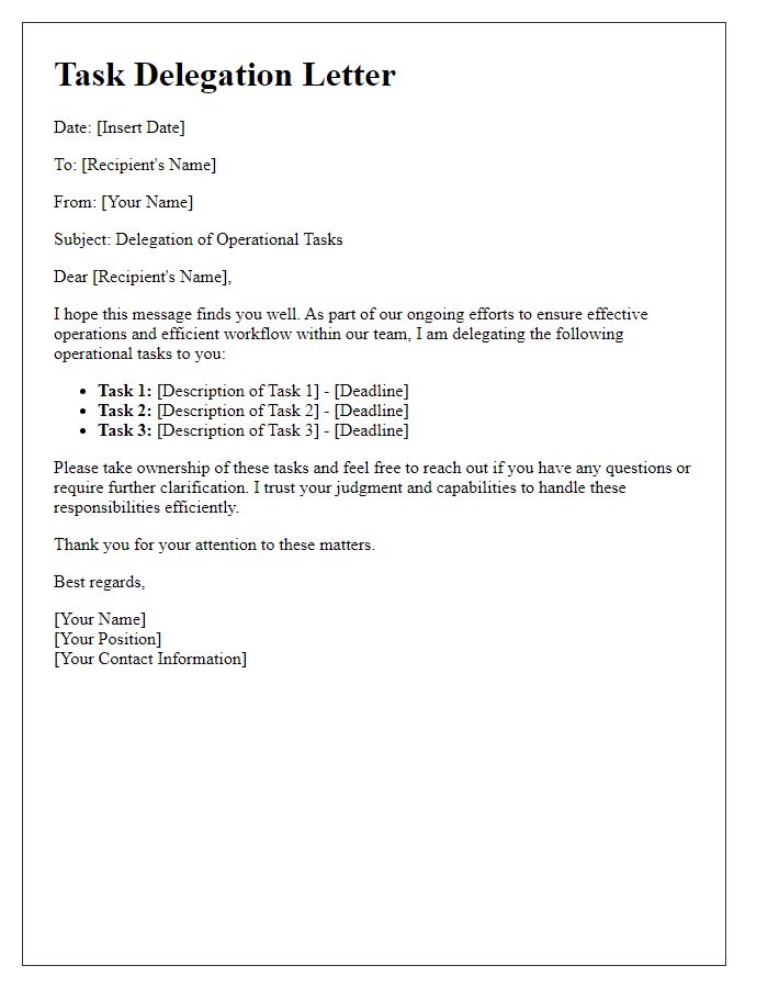 Letter template of operational task delegation for leadership roles.