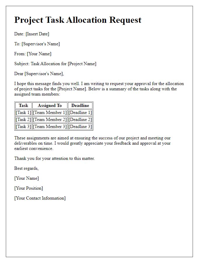 Letter template of project task allocation for supervisory approval.