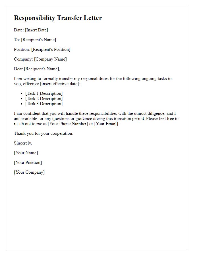 Letter template of responsibility transfer for ongoing tasks.