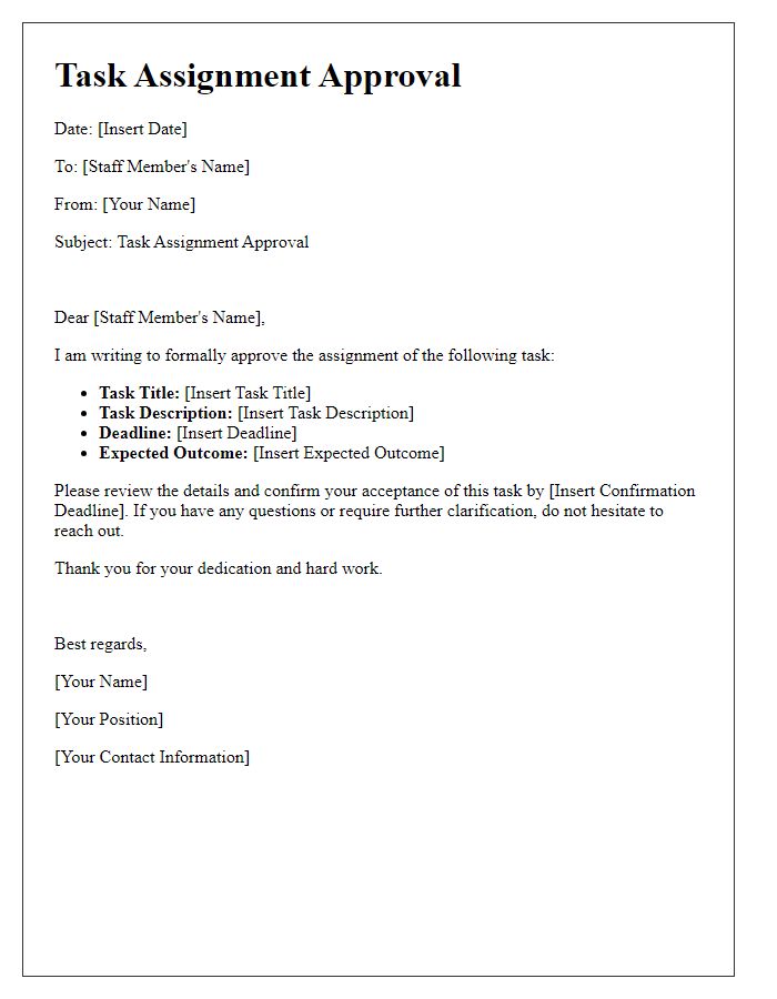 Letter template of task assignment approval for staff members.