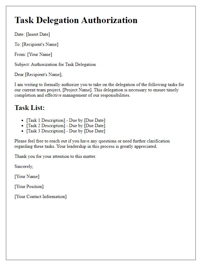 Letter template of task delegation authorization for team projects.