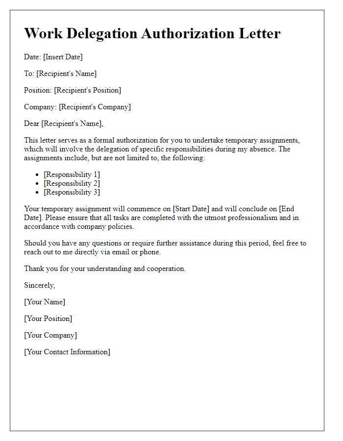 Letter template of work delegation authorization for temporary assignments.