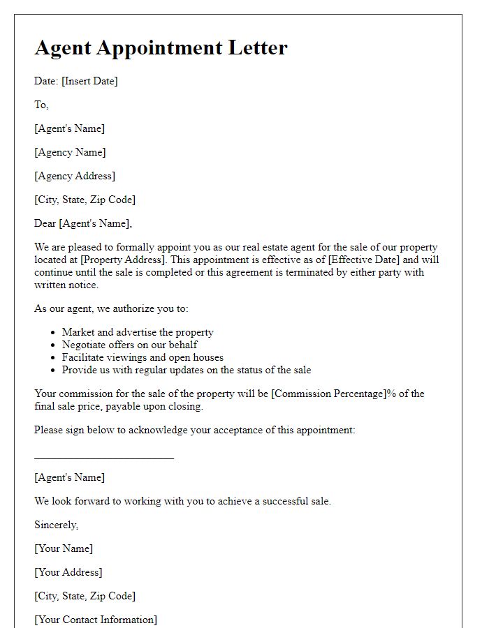 Letter template of agent appointment for real estate sale