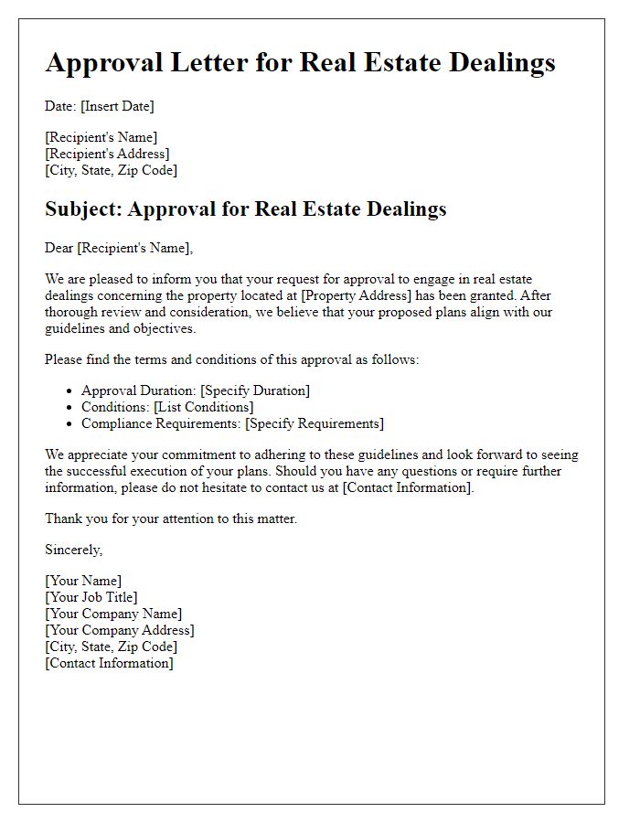 Letter template of approval for real estate dealings