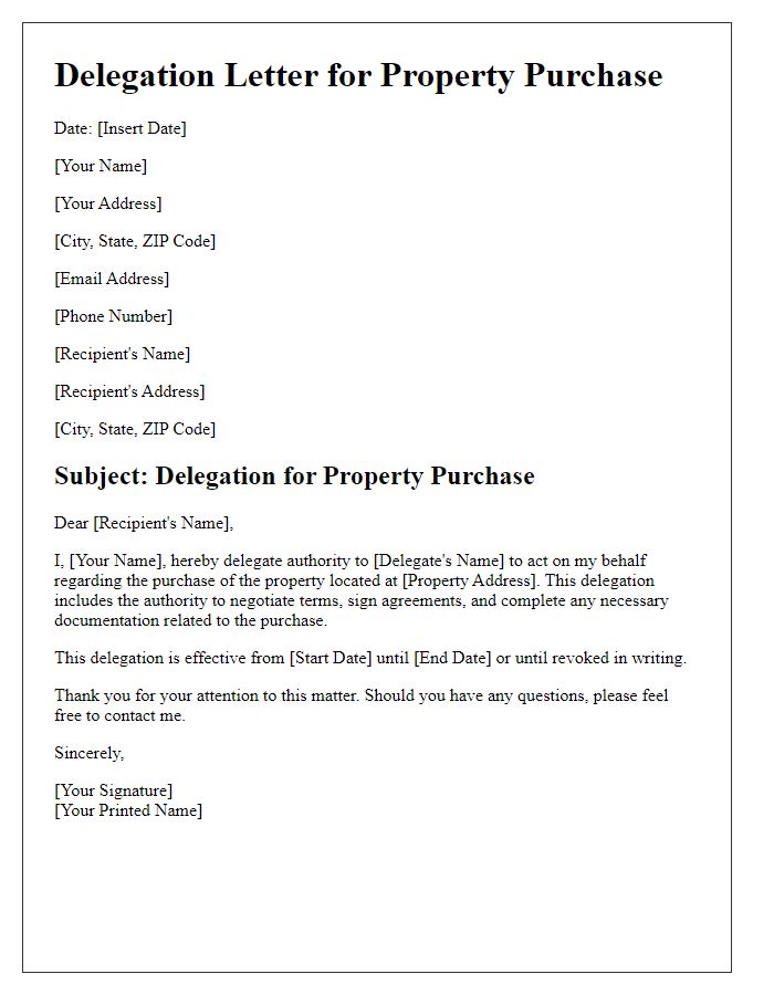 Letter template of delegation for property purchase