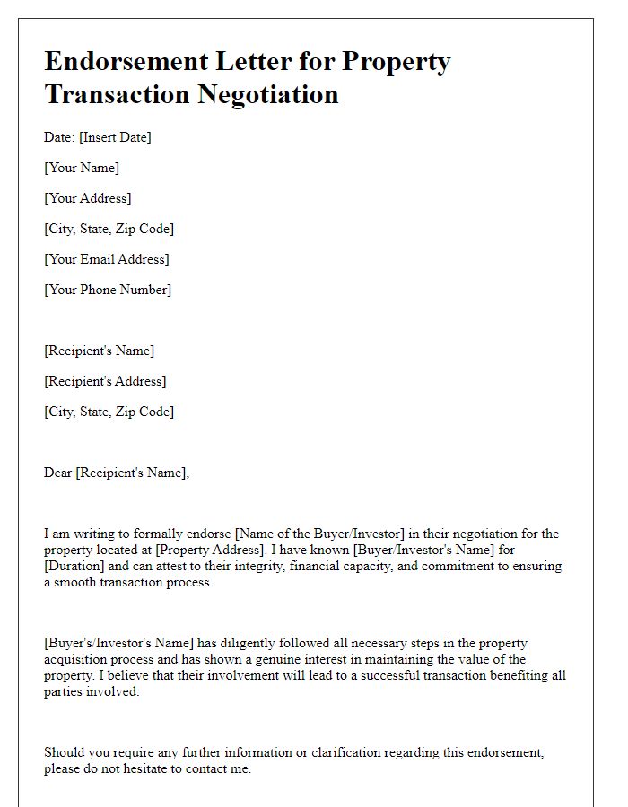 Letter template of endorsement for property transaction negotiation