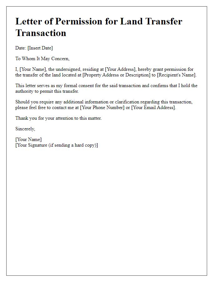 Letter template of permission for land transfer transaction