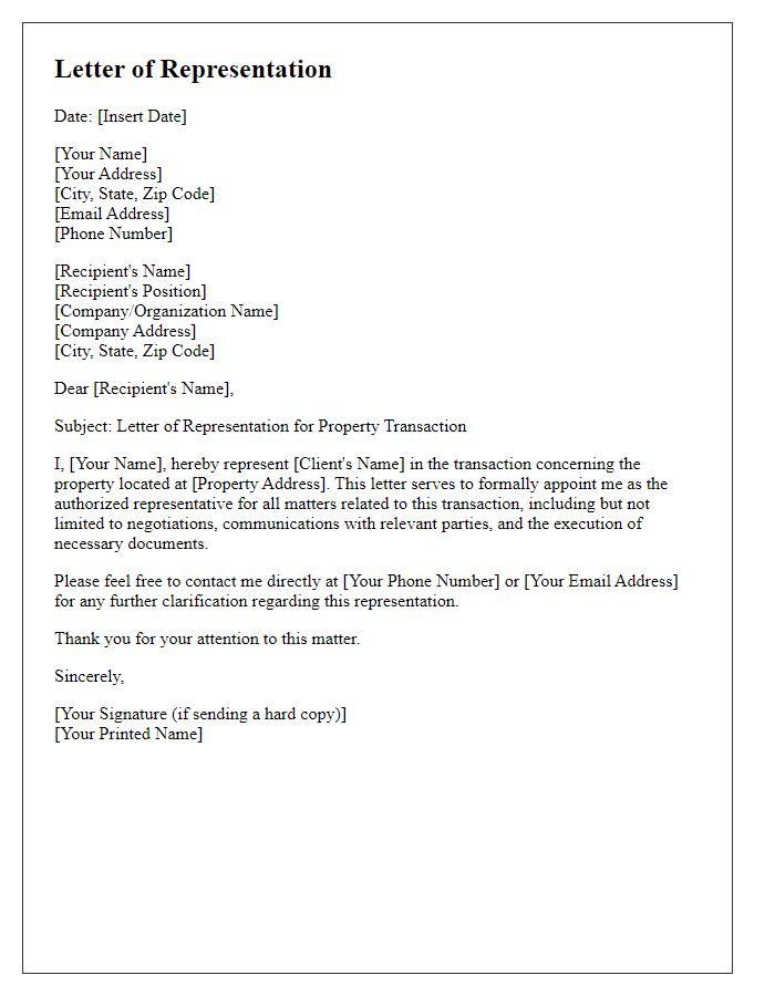 Letter template of representation for property transaction