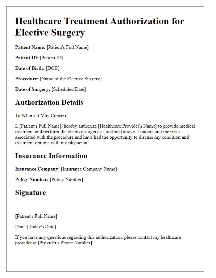 Letter template of healthcare treatment authorization for elective surgery