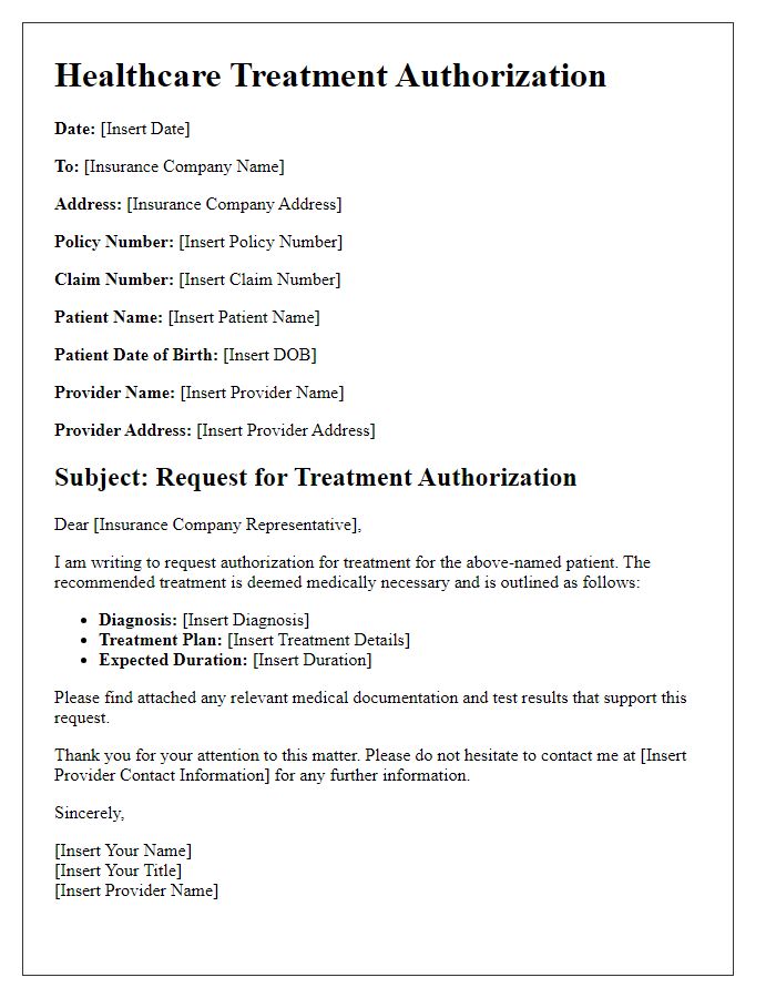 Letter template of healthcare treatment authorization for insurance purposes