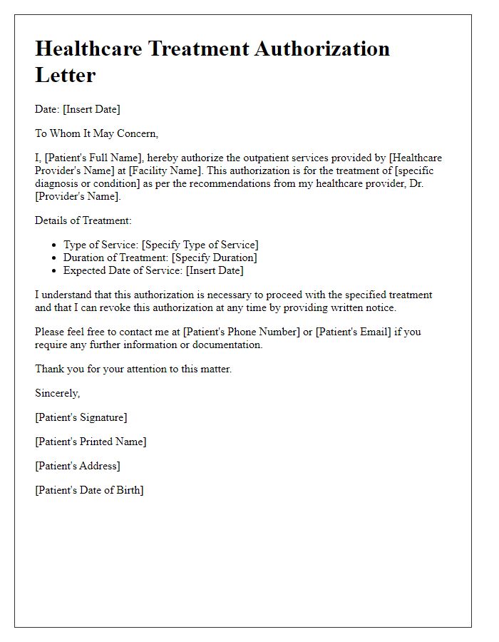 Letter template of healthcare treatment authorization for outpatient services