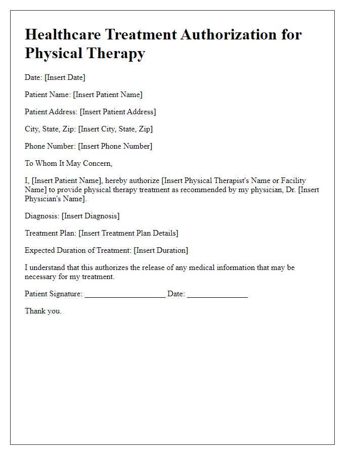 Letter template of healthcare treatment authorization for physical therapy