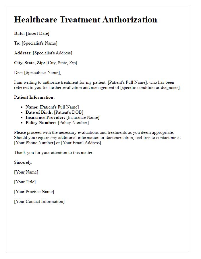 Letter template of healthcare treatment authorization for referral to a specialist