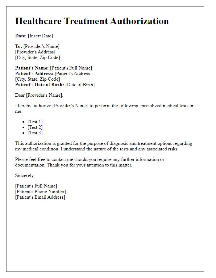 Letter template of healthcare treatment authorization for specialized medical tests