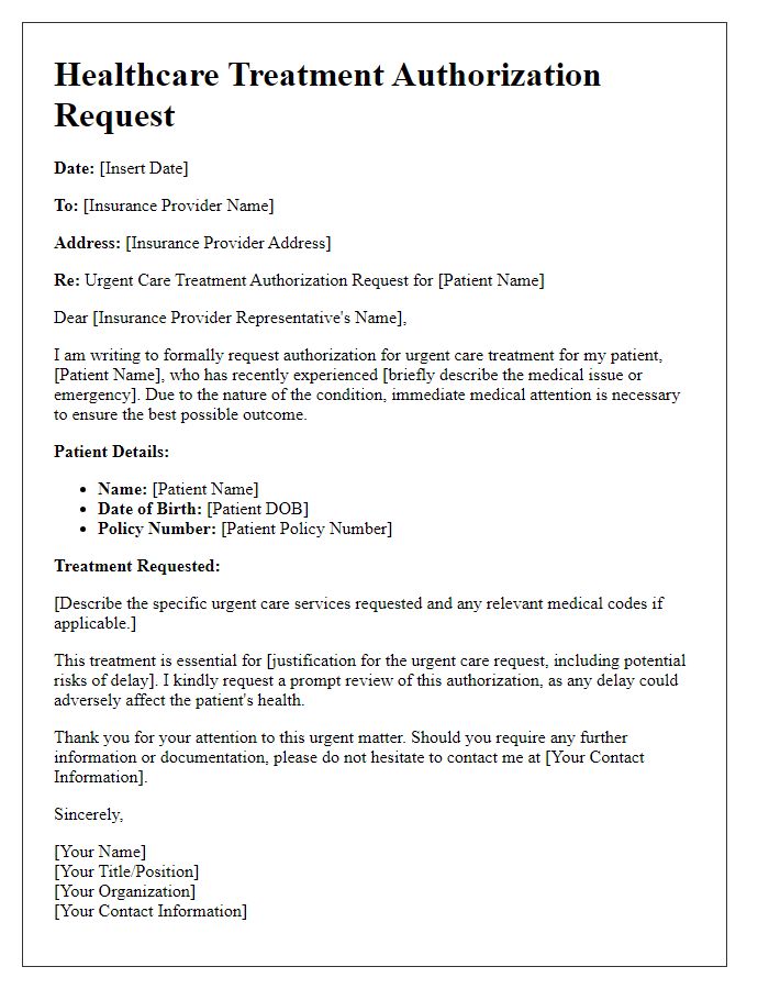 Letter template of healthcare treatment authorization for urgent care requests