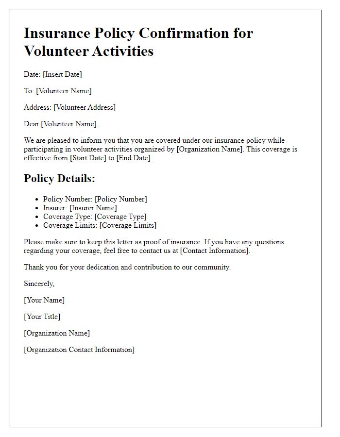 Letter template of insurance policy for volunteer activities