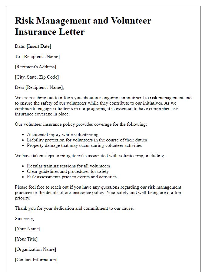 Letter template of risk management and volunteer insurance