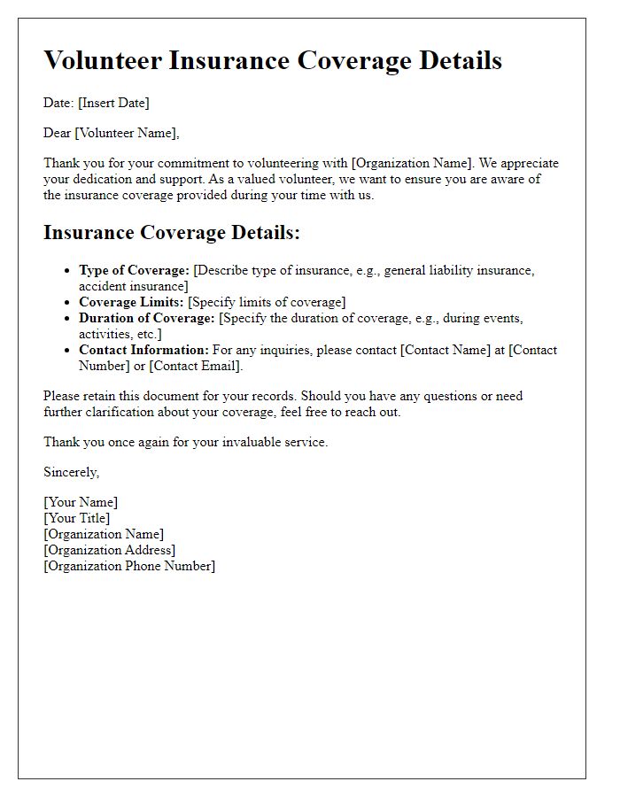 Letter template of volunteer insurance coverage details