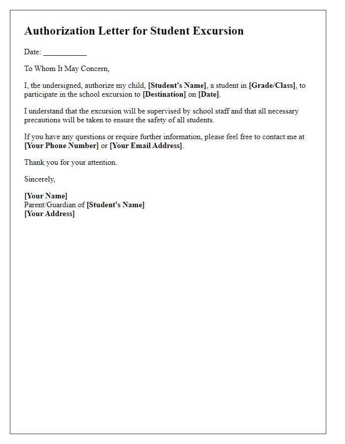 Letter template of authorization for student excursion