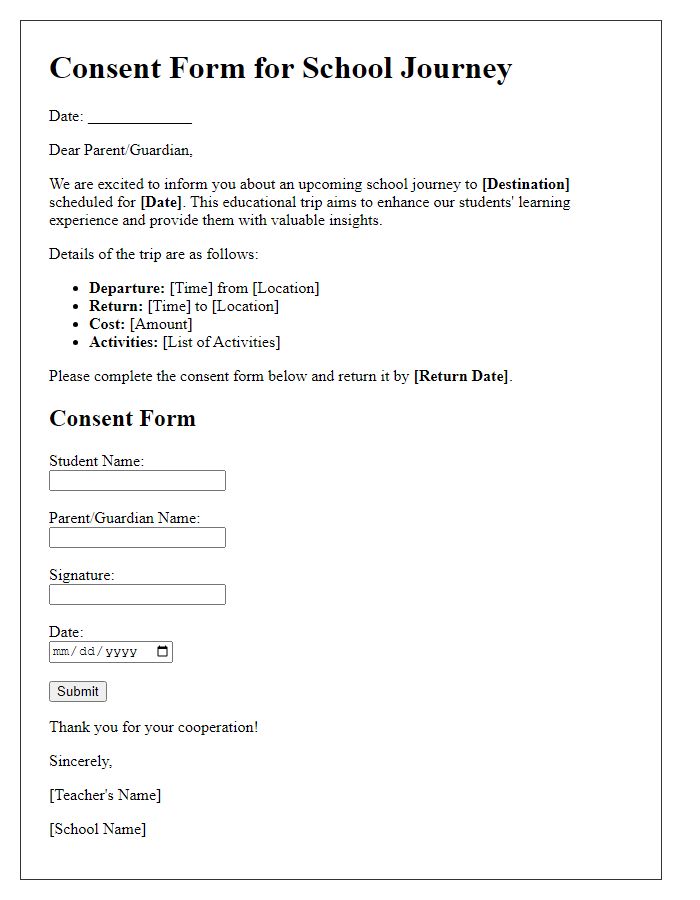 Letter template of consent request for school journey