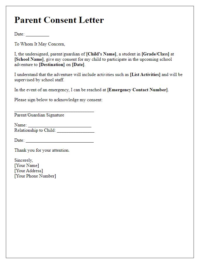 Letter template of parent consent for school adventure