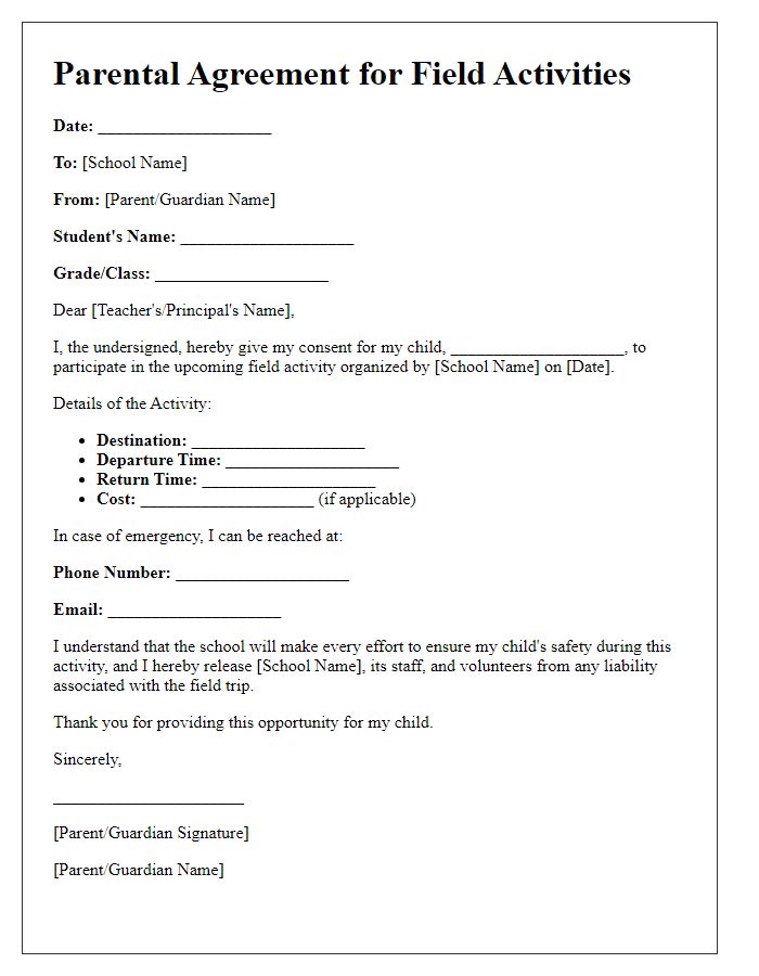 Letter template of parental agreement for school field activities