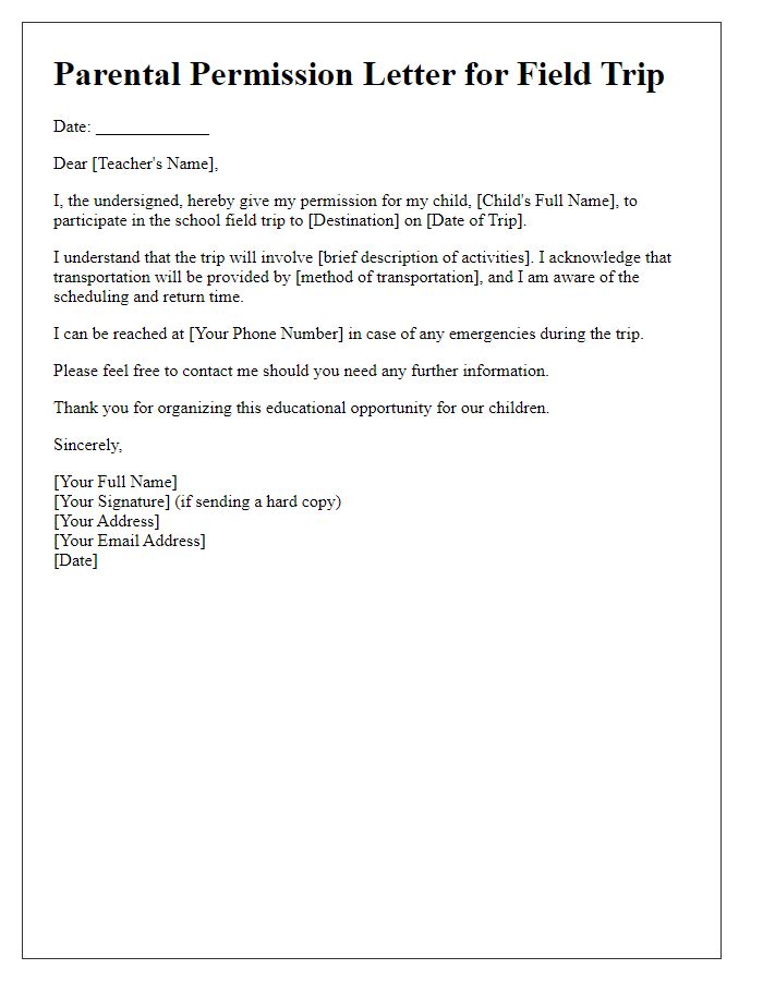 Letter template of parental permission for school field trip participation