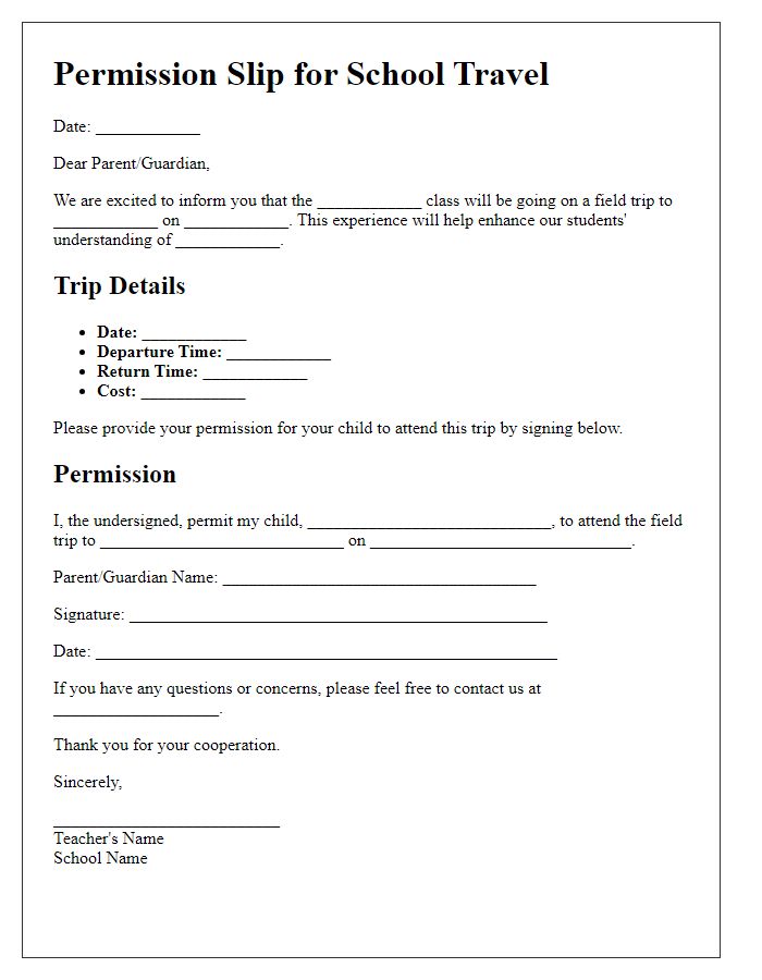 Letter template of permission slip for school travel