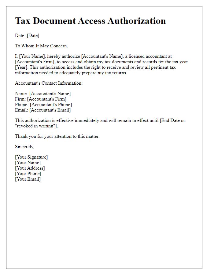 Letter template of Tax Document Access Authorization for Accountants