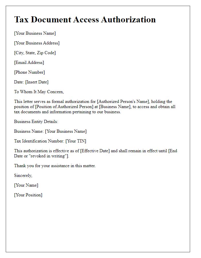 Letter template of Tax Document Access Authorization for Business Entity