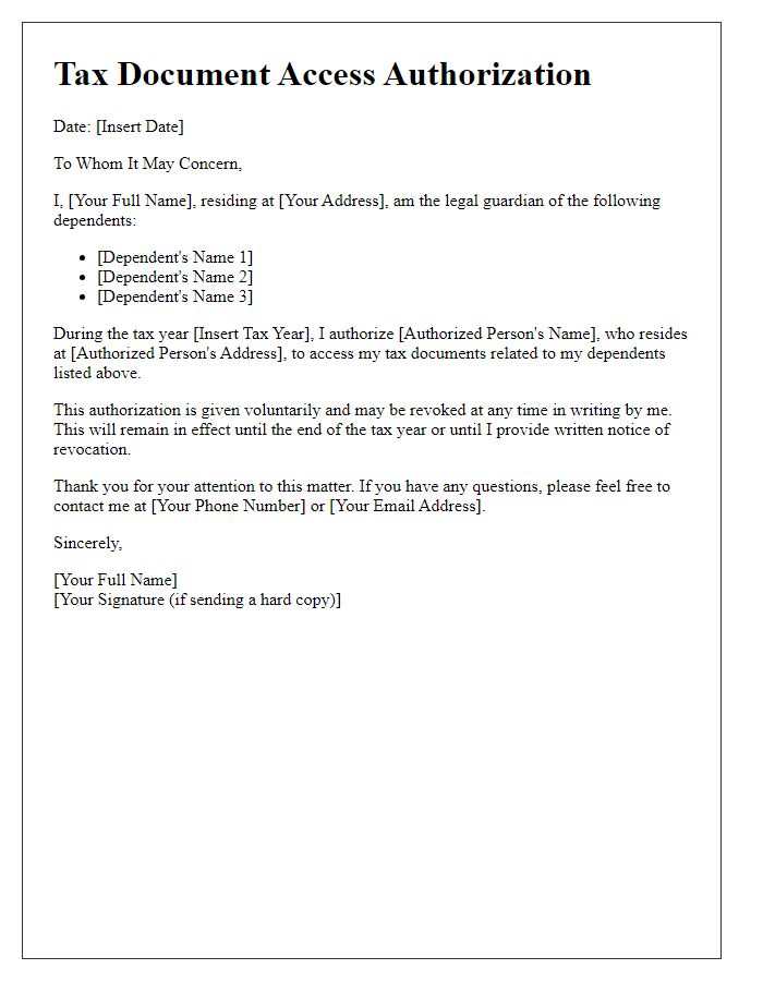 Letter template of Tax Document Access Authorization for Dependents