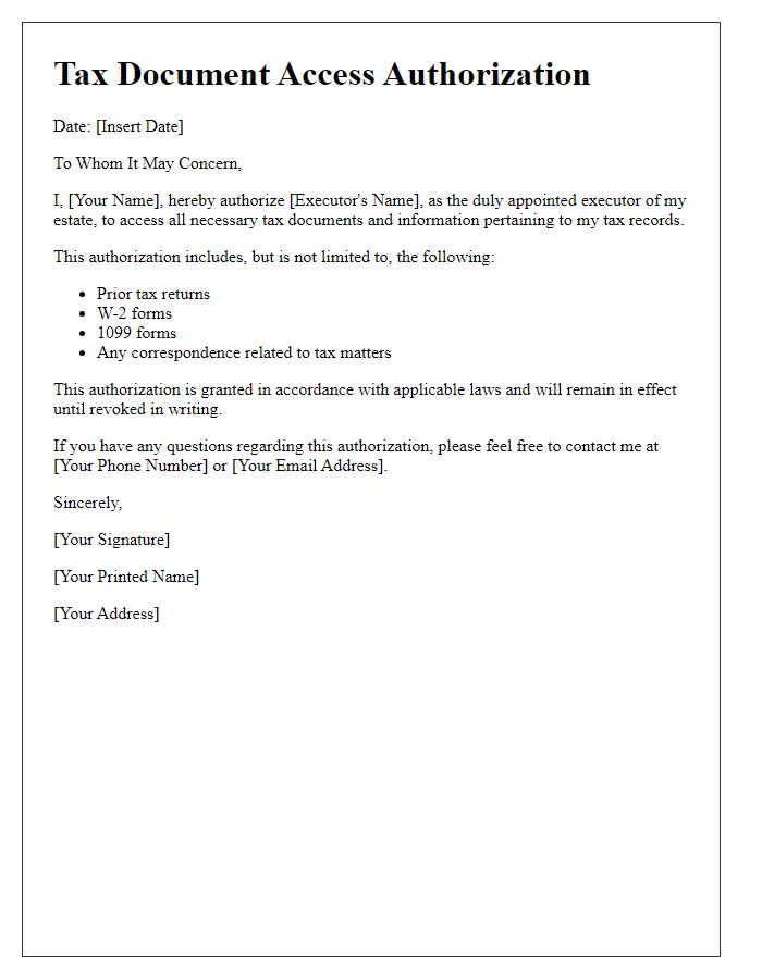 Letter template of Tax Document Access Authorization for Estate Executor