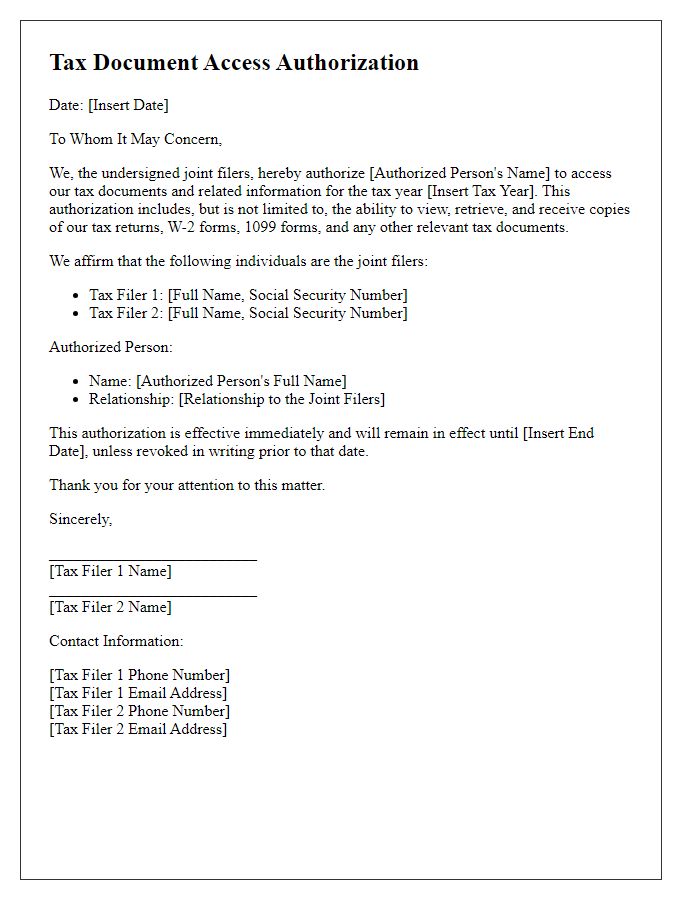 Letter template of Tax Document Access Authorization for Joint Filers