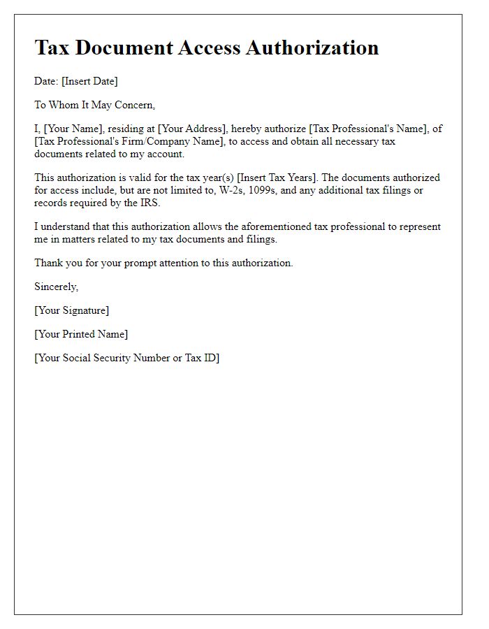 Letter template of Tax Document Access Authorization for Tax Professional