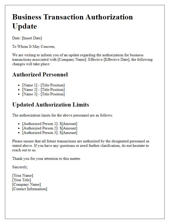 Letter template of Business Transaction Authorization Update