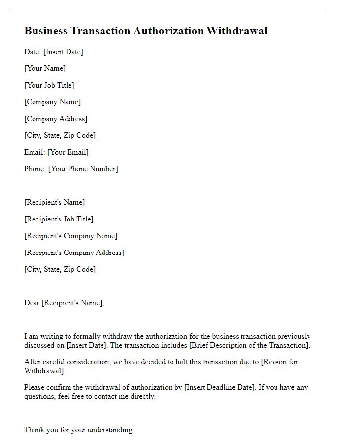 Letter template of Business Transaction Authorization Withdrawal