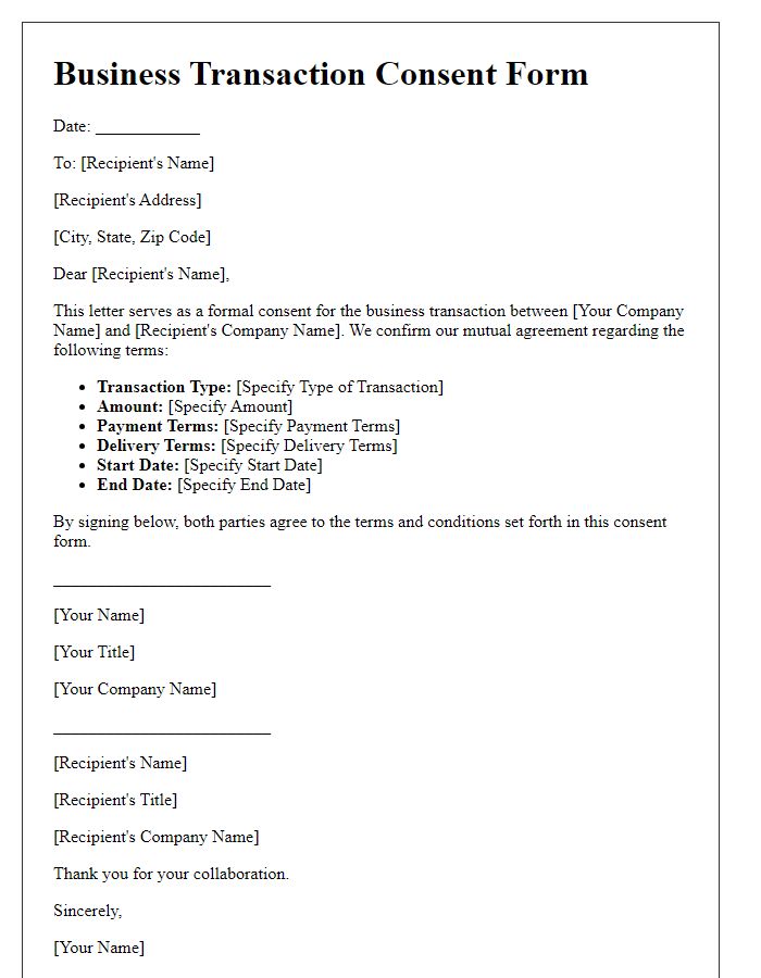 Letter template of Business Transaction Consent Form