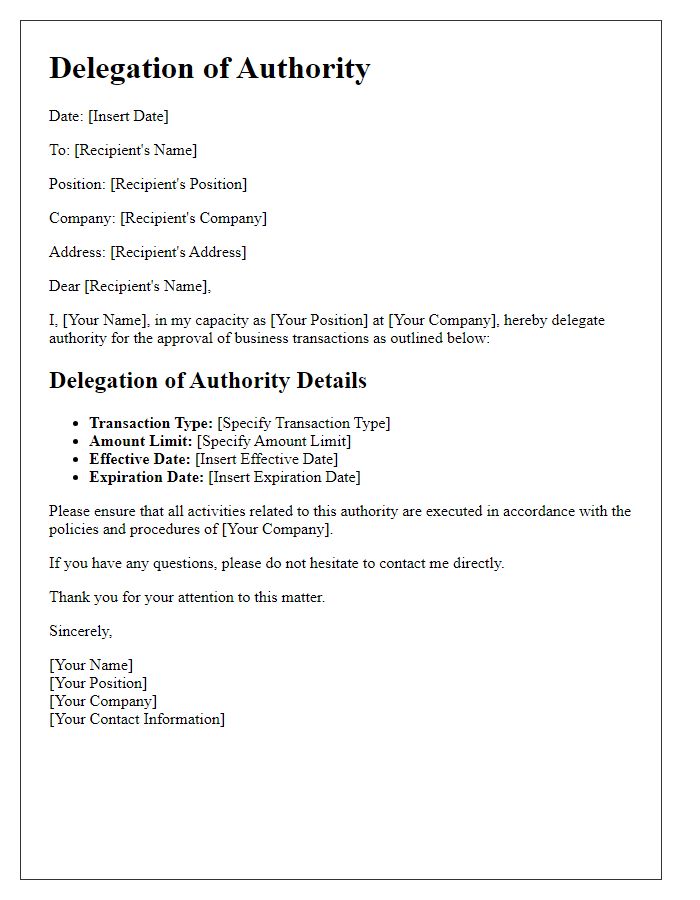 Letter template of Business Transaction Delegation of Authority