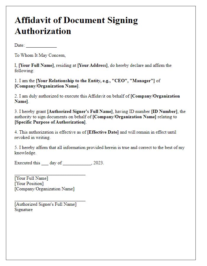 Letter template of Affidavit of Document Signing Authorization