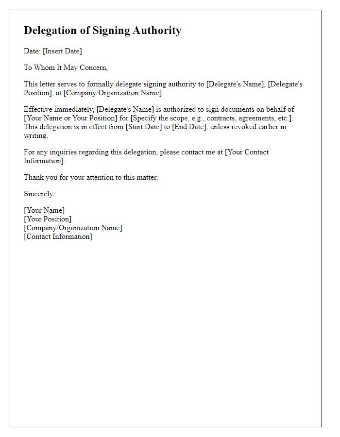 Letter template of Delegation of Signing Authority