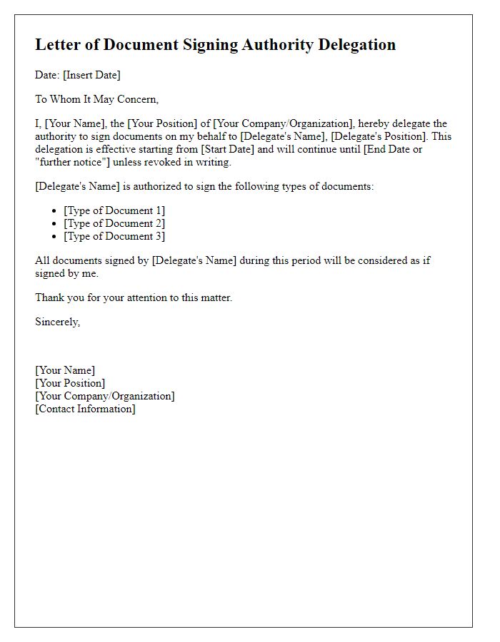 Letter template of Document Signing Authority Delegation