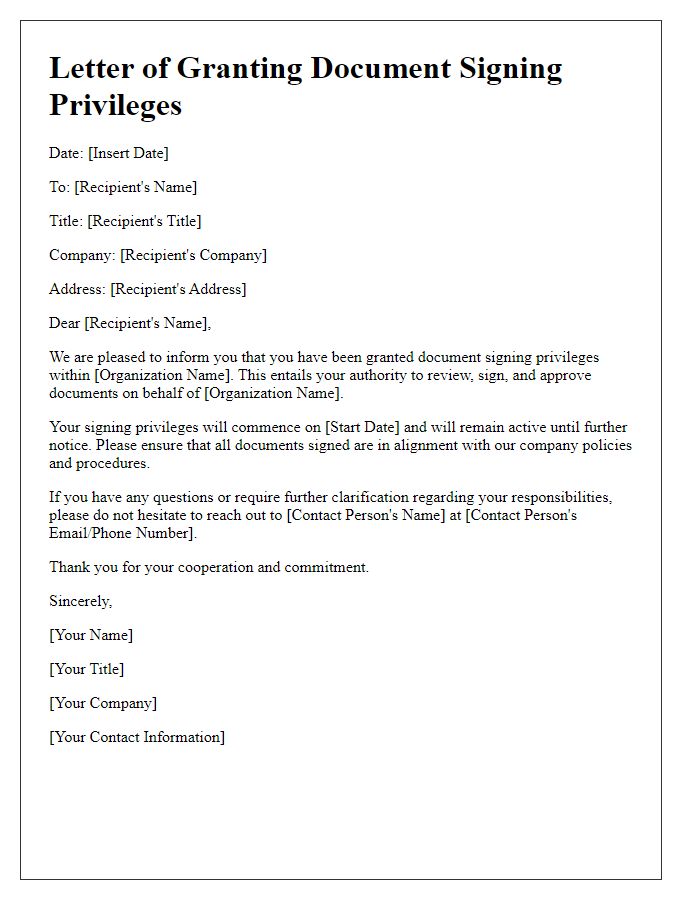 Letter template of Granting Document Signing Privileges