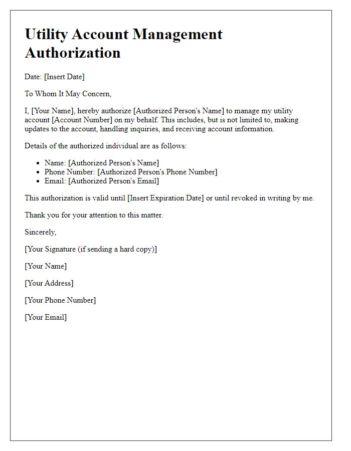 Letter template of utility account management authorization for account updates